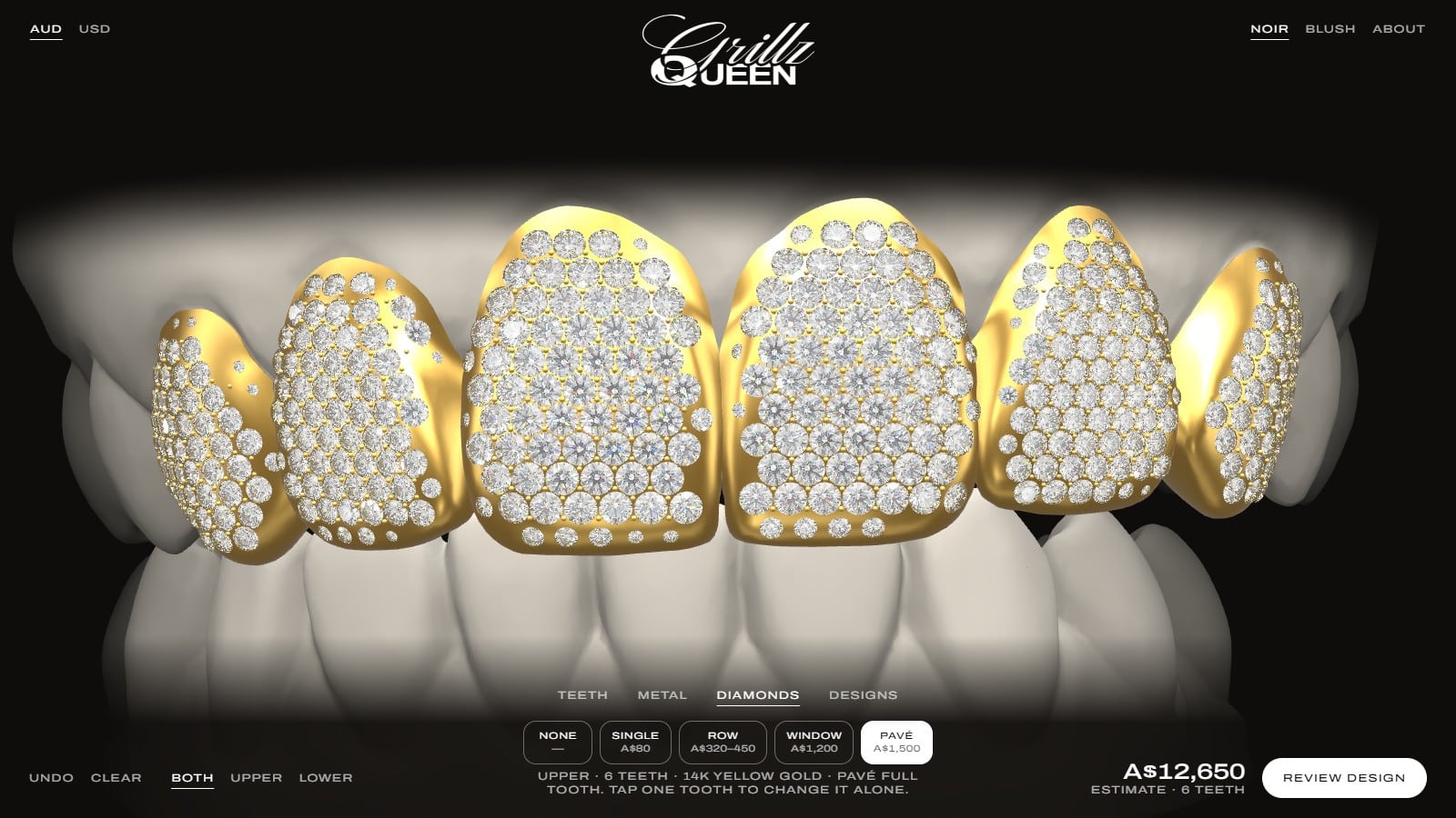 The 3D preview in Noir: six upper teeth in 14K yellow gold covered in pavé diamonds, with the estimate at A$12,650